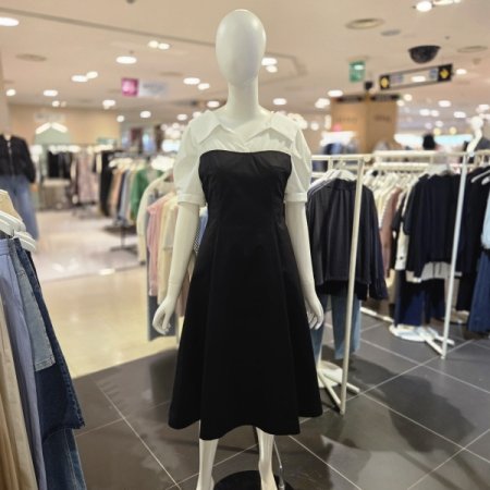 셔츠 카라 배색 플레어 미디 원피스