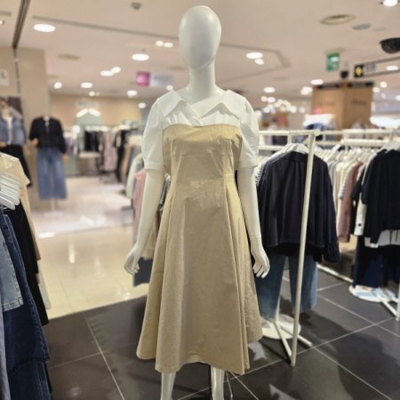 셔츠 카라 배색 플레어 미디 원피스