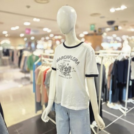 플라워 프린팅 립 배색 반팔 티셔츠