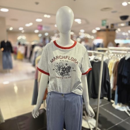 플라워 프린팅 립 배색 반팔 티셔츠