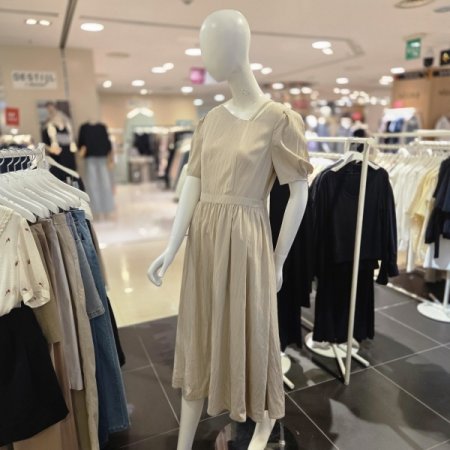 언발런스 넥 허리밴딩 롱 원피스