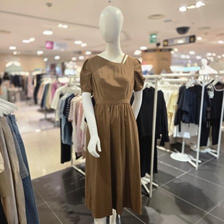 언발런스 넥 허리밴딩 롱 원피스