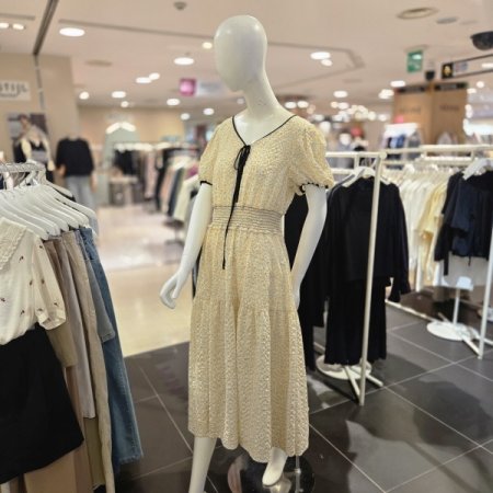 플라워 프린트 리본 롱 원피스