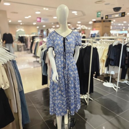 플라워 프린트 리본 롱 원피스
