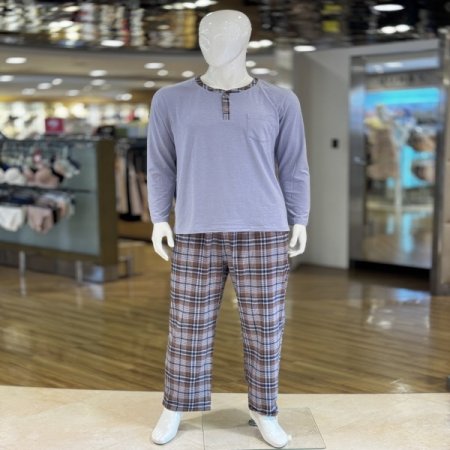 체크 면 긴팔 긴바지 남성 실내복세트