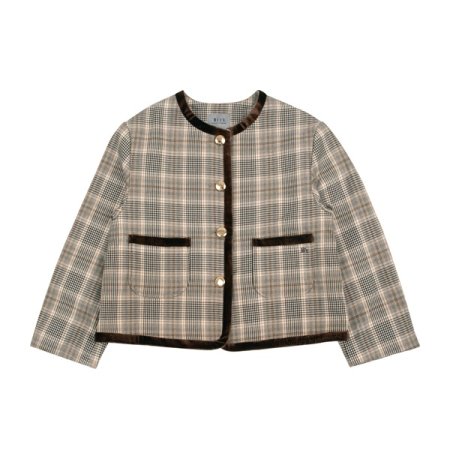 여아  베이지 체크 노카라 자켓