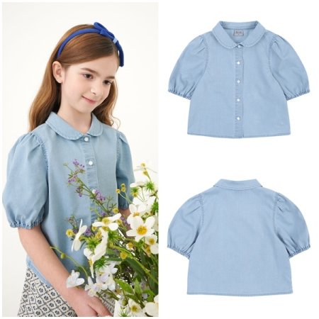 스카이 블루 워싱 데님 블라우스