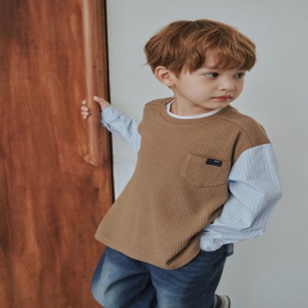 스트라이프 우븐 배색 베이지 티셔츠