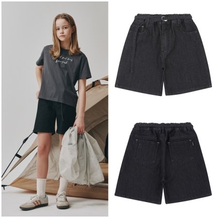 블랙 데님 벨트 쇼츠