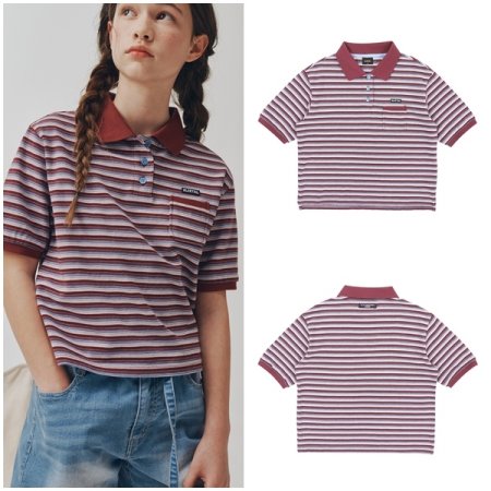 스트라이프 카라 와인 크롭 반팔티셔츠