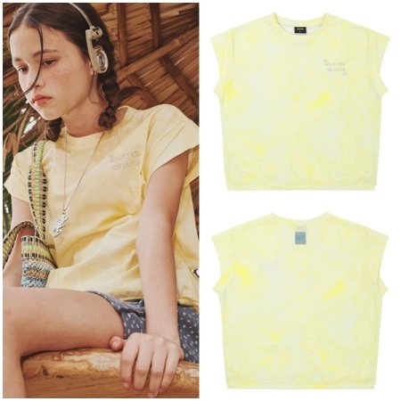옐로우 다잉패턴 꼬임소매 반팔티셔츠