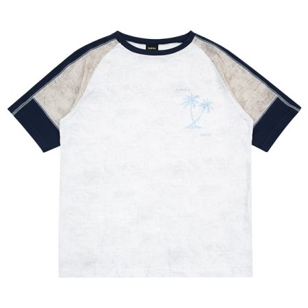 나염프린팅 컬러블럭 화이트 반팔티셔츠