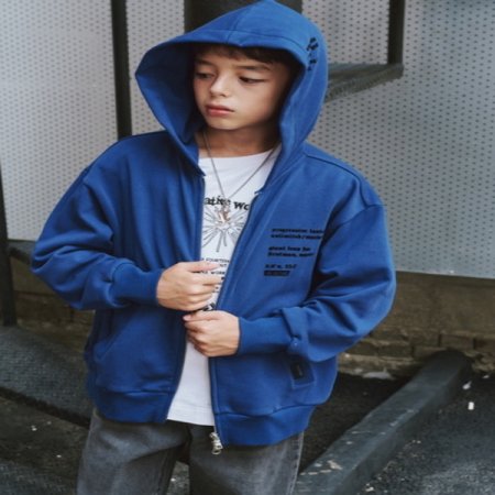 블루 배색포켓 후드집업