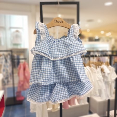 체크 블라우스 바지 세트