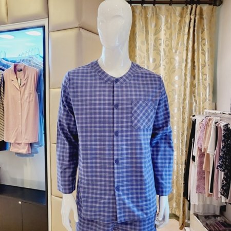 라운드넥 면 선염 체크 남성상의