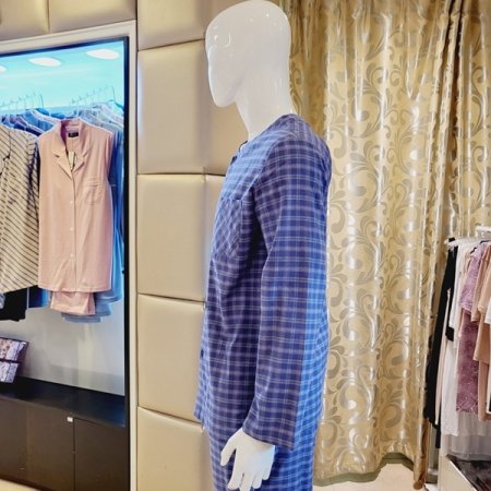 라운드넥 면 선염 체크 남성상의