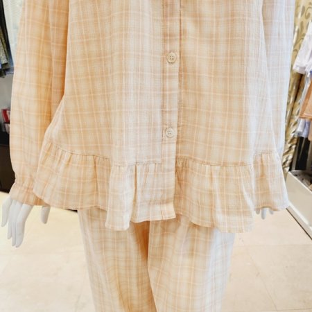 여성 강연 면 선염 체크 파자마세트