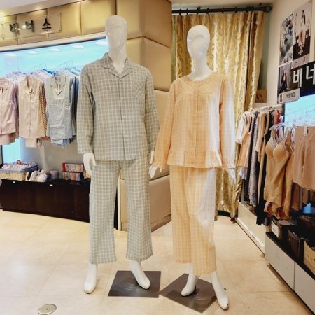 커플 강연 면 선염 체크 파자마세트