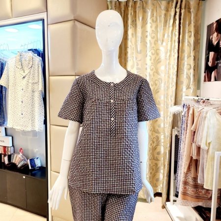 여성 주름 체크 반팔 홈웨어상의