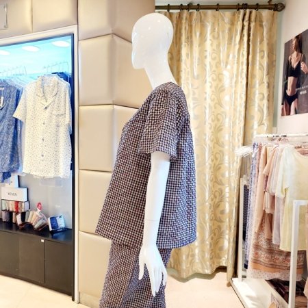 여성 주름 체크 반팔 홈웨어상의