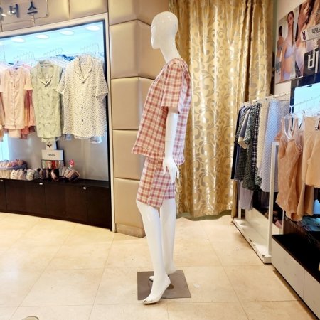 여름 라운드넥 체크 여자 파자마세트