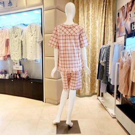 여름 라운드넥 체크 여자 파자마세트