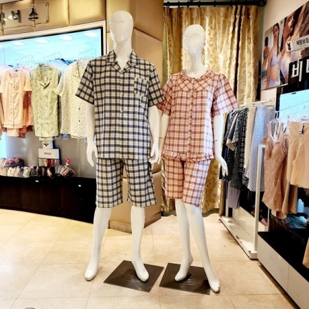 커플 여름 체크 반팔 반바지 면잠옷