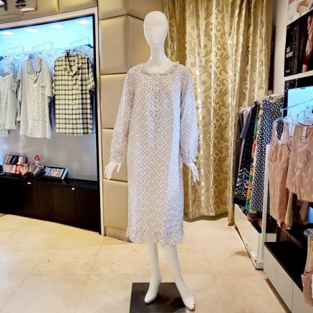 여성 라운드넥 긴팔 원피스 파자마