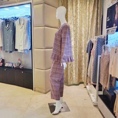 여성 라운드넥 체크 파자마세트