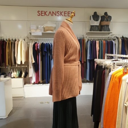 울캐시 허리 벨티드로브형미디가디건