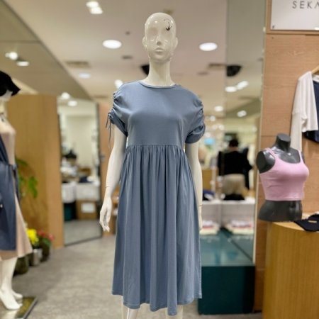 코튼 스트링 반소매 롱드레스