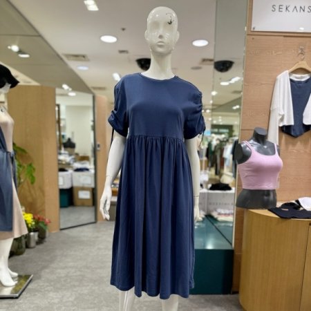 코튼 스트링 반소매 롱드레스