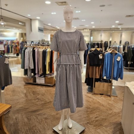 허리 스트랩 스트라이프 롱 원피스