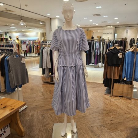 허리 스트랩 스트라이프 롱 원피스