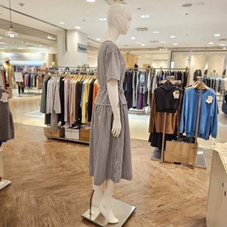 허리 스트랩 스트라이프 롱 원피스