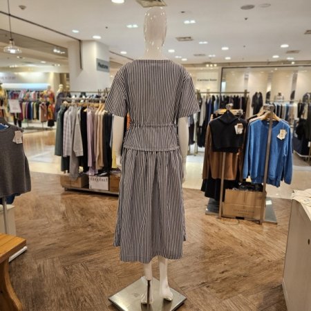 허리 스트랩 스트라이프 롱 원피스