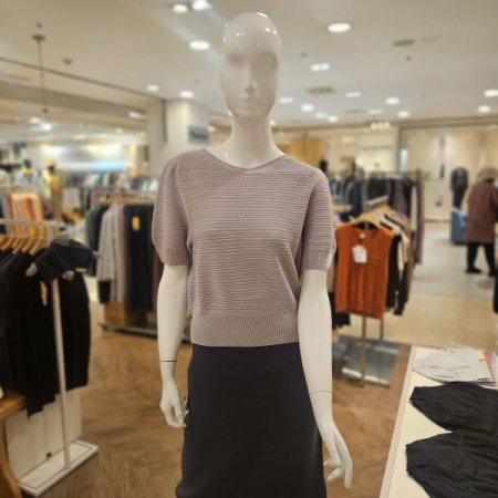 가로 골지 퍼프소매 반팔 니트