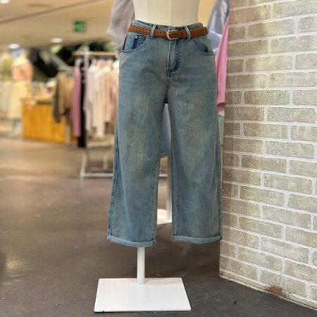 배기 롤업 벨트 데님 팬츠