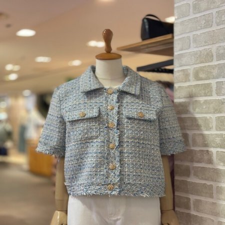 장식 단추 반팔 트위드 자켓