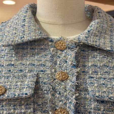 장식 단추 반팔 트위드 자켓