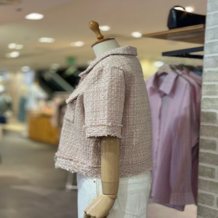 장식 단추 반팔 트위드 자켓