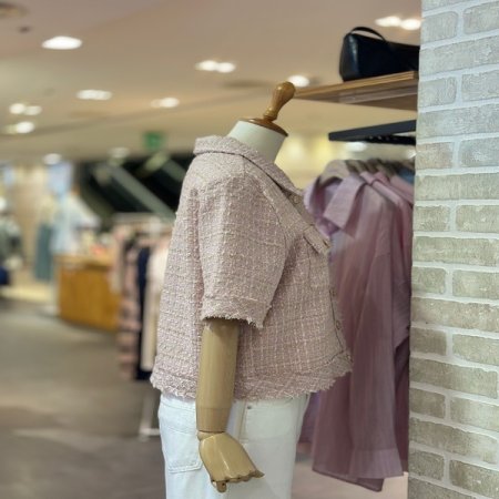 장식 단추 반팔 트위드 자켓