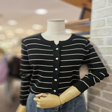 스트라이프 라운드넥 가디건