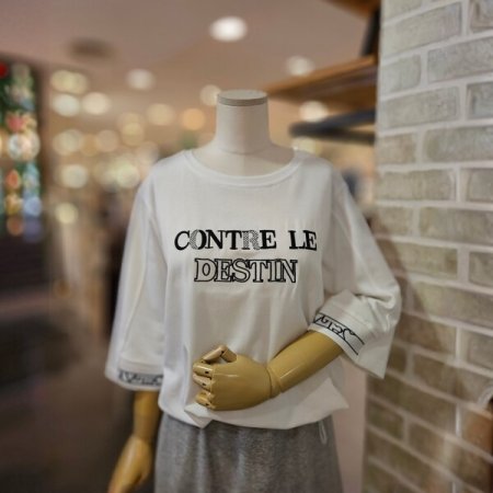 밑단 시보리 자수 5부 티셔츠