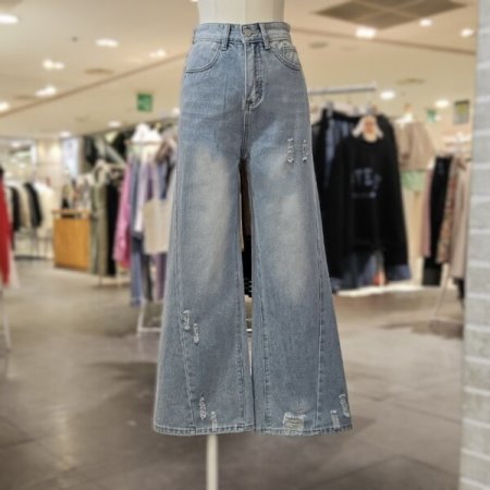 사선 절개 난스판 와이드 데님 팬츠