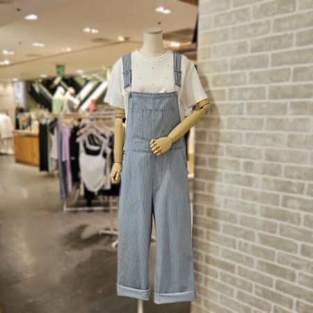 핀 스트라이프 데님 멜빵 팬츠