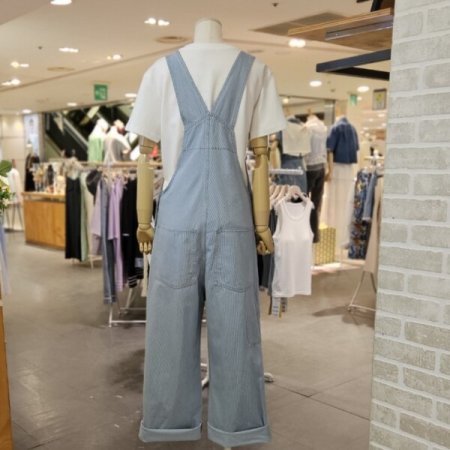 핀 스트라이프 데님 멜빵 팬츠