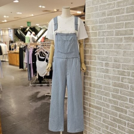 핀 스트라이프 데님 멜빵 팬츠