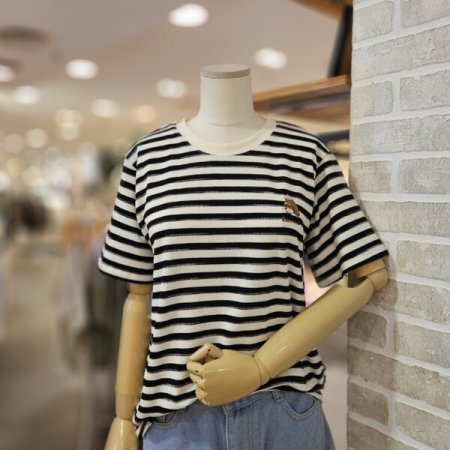 강아지 스트라이프 자수 티셔츠