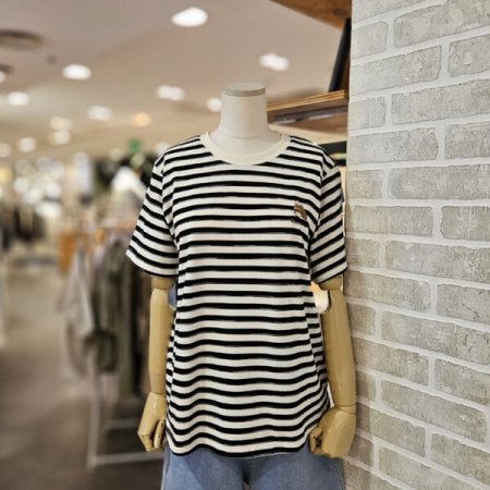강아지 스트라이프 자수 티셔츠